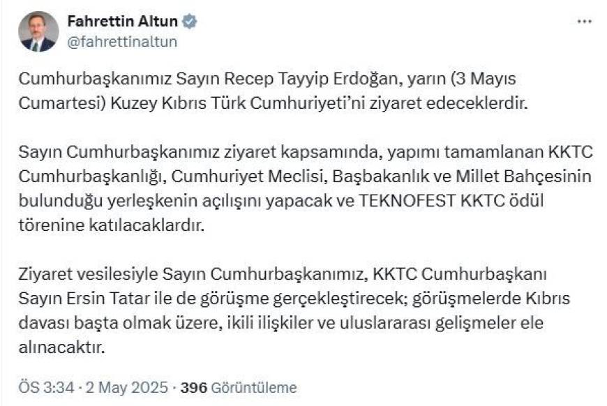 Cumhurbaşkanı Erdoğan, KKTC'yi ziyaret edecek
