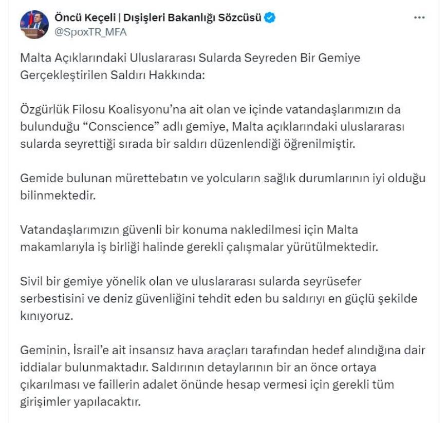 Dışişleri Sözcüsü Keçeli: Malta'da saldırıya uğrayan gemideki vatandaşlarımızın nakli için çalışmalar yürütülmekte