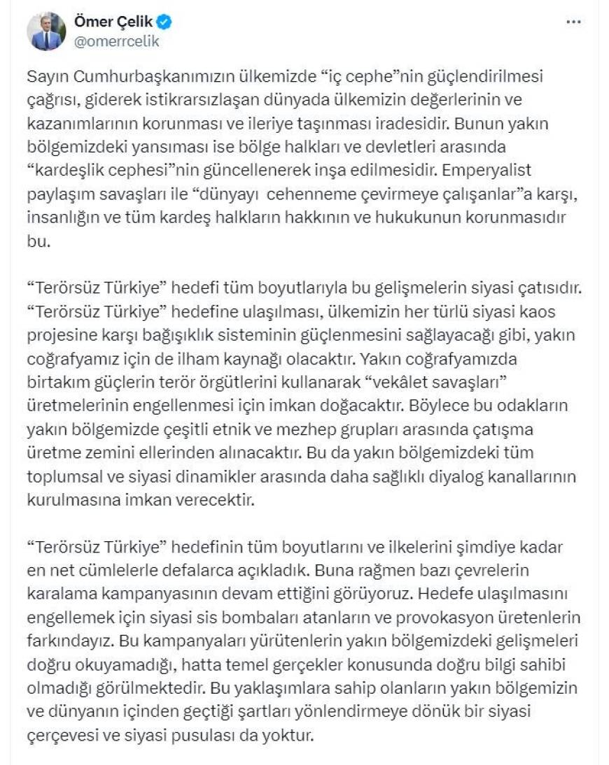 AK Partili Çelik: 'Terörsüz Türkiye', ülkemizin 'iç cephe'sinin güçlenmesine stratejik katkılar sağlayacak