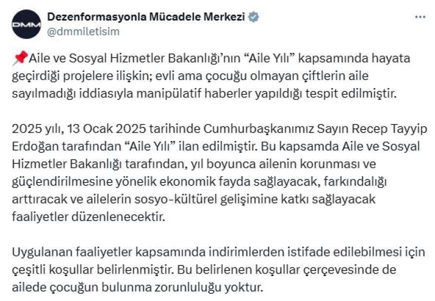 İletişim Başkanlığı: Evli ve çocuksuz çiftlerin 'aile' olarak değerlendirmediği iddiaları gerçek dışıdır