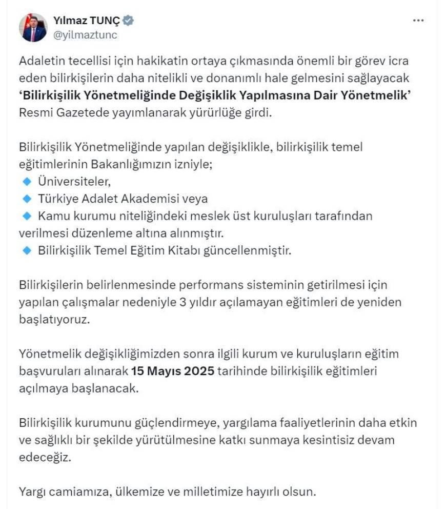 'Bilirkişilik Yönetmeliğinde Değişiklik Yapılmasına Dair Yönetmelik', Resmi Gazete'de yayımlandı