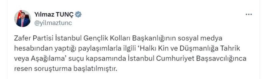 Zafer Partisi İstanbul Gençlik Kolları Başkanlığı hakkında soruşturma