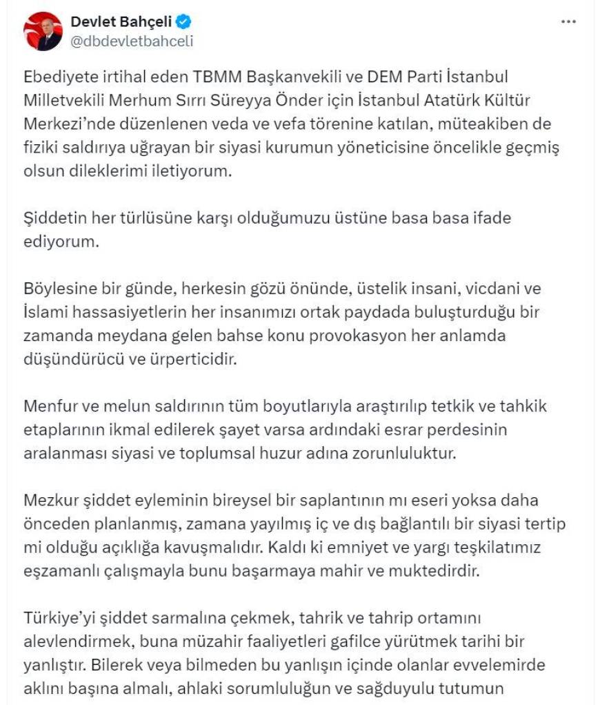 Bahçeli: Şiddetin her türlüsüne karşıyız