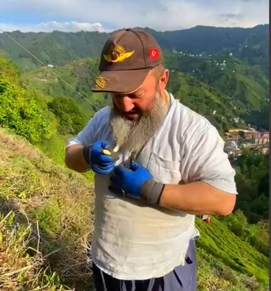 Bahçede yakaladığı yılanı boynuna doladı