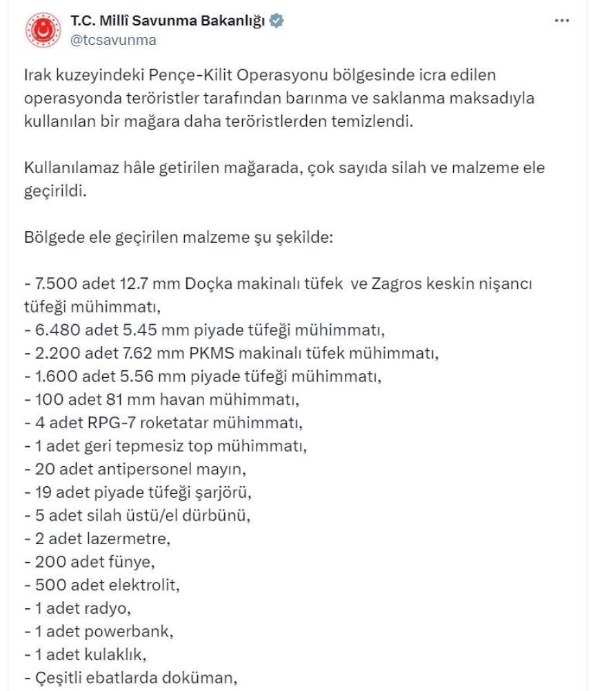 MSB: Pençe-Kilit bölgesinde, mağarada silah ve mühimmat ele geçirildi