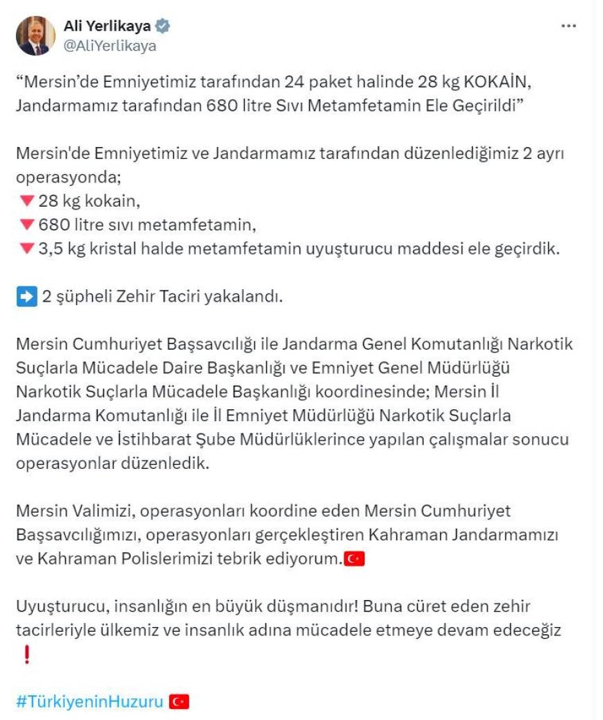Mersin'de 28 kilo kokain, 680 litre sıvı metamfetamin ele geçirildi