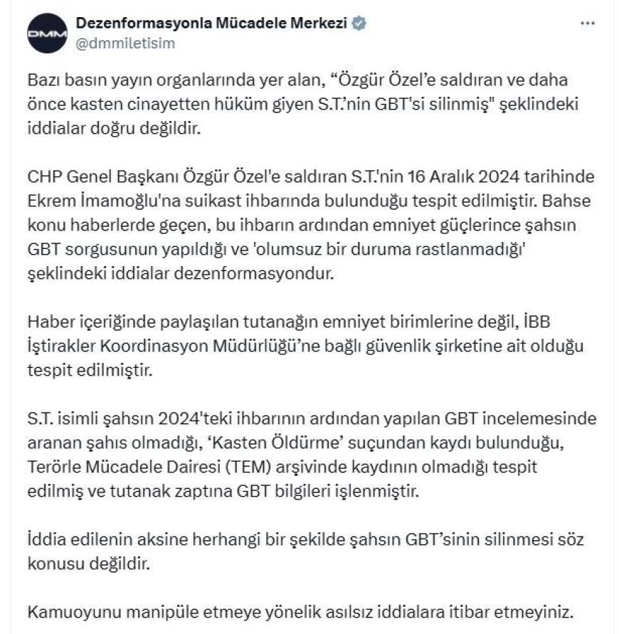 DMM: Özgür Özel'e saldıran kişinin GBT'sinin silindiği iddiaları doğru değil