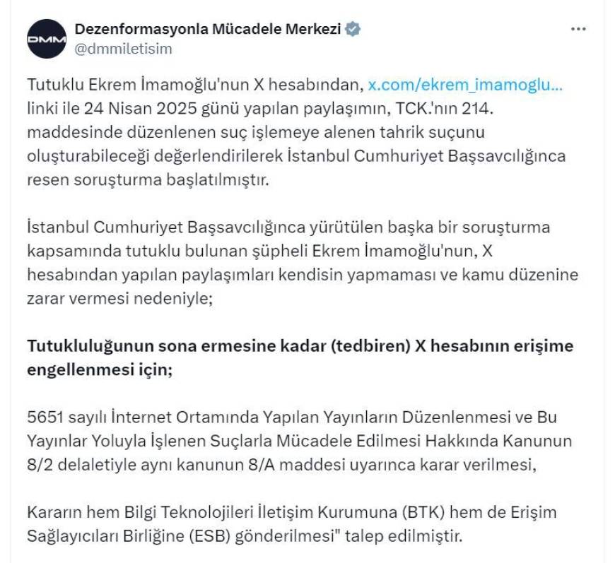 DMM: Ekrem İmamoğlu'nun X hesabına yargı kararıyla erişim engeli getirildi