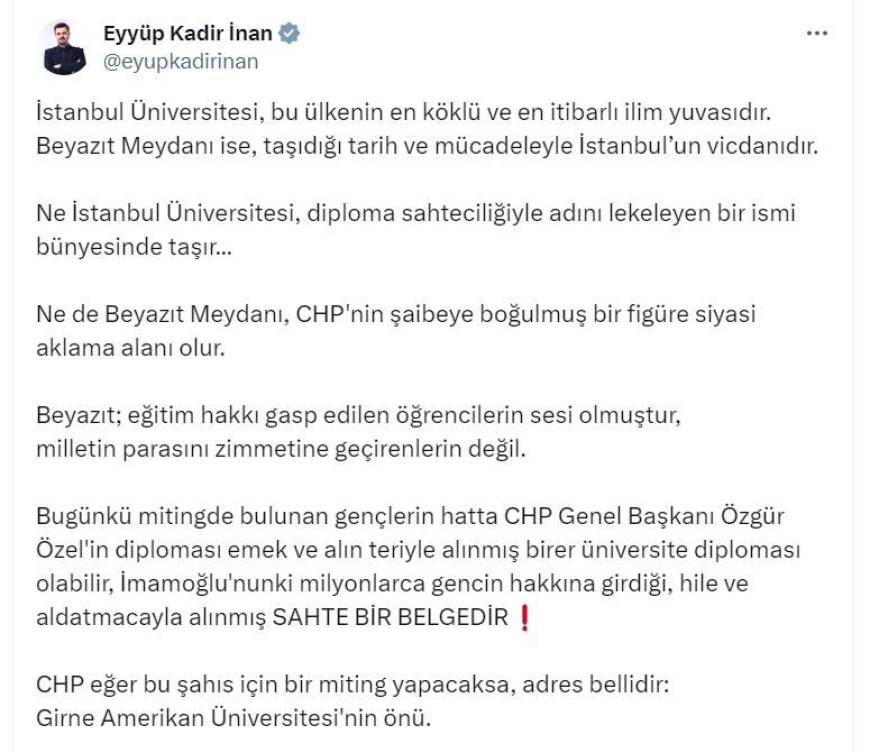 AK Parti'li İnan: CHP, İmamoğlu için miting yapacaksa adres Girne Amerikan Üniversitesi önü
