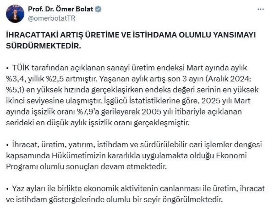 Bakan Bolat: İhracattaki artış üretime ve istihdama olumlu yansımayı sürdürmektedir