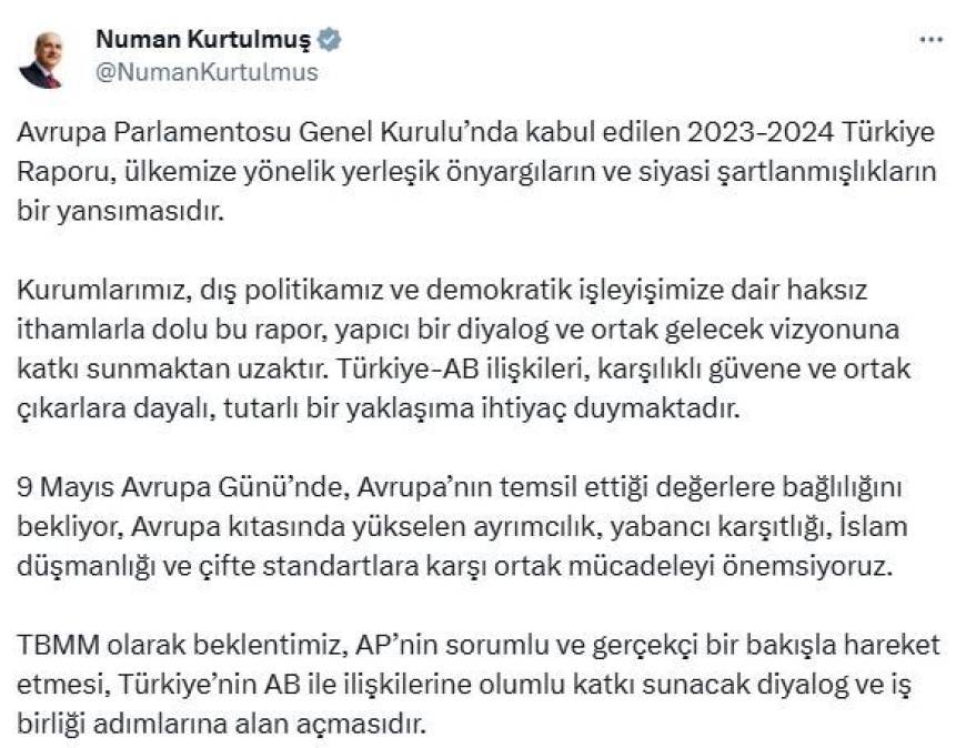 TBMM Başkanı Kurtulmuş'tan, AP'nin 'Türkiye Raporu'na ilişkin açıklama