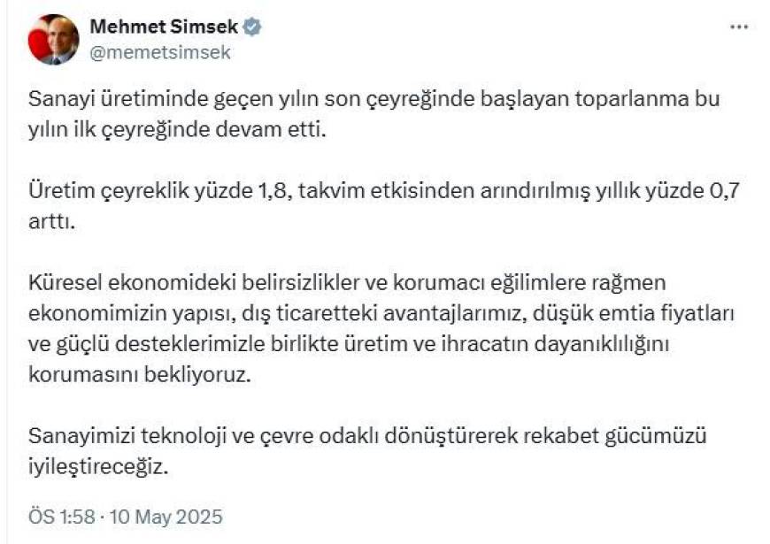 Bakan Şimşek: Sanayi üretimindeki toparlanma devam etti