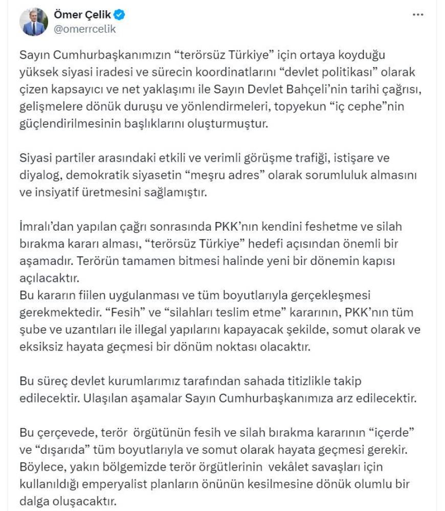 AK Parti Sözcüsü Çelik: Silah bırakma kararı 'Terörsüz Türkiye' hedefi için önemli bir aşamadır