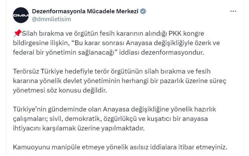 İletişim Başkanlığı: Devlet yönetiminin herhangi bir pazarlık üzerine süreç yönetmesi söz konusu değildir