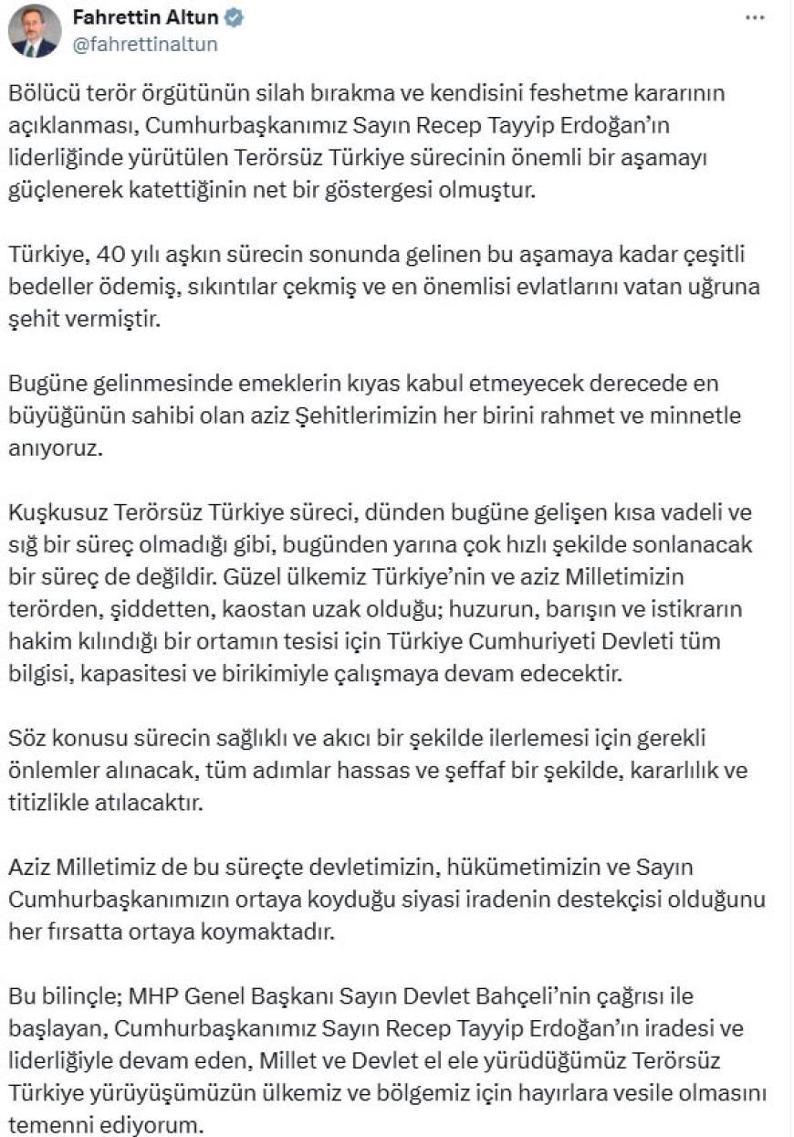 İletişim Başkanı Altun: Silah bırakma kararı, sürecin önemli bir aşamayı katettiğinin göstergesi