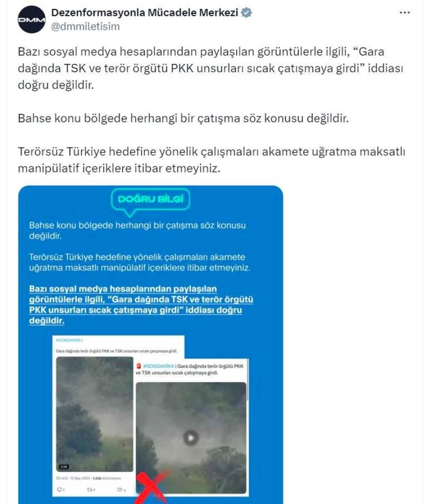 İletişim Başkanlığı: 'TSK ve terör örgütü PKK unsurları sıcak çatışmaya girdi iddiası' doğru değildir