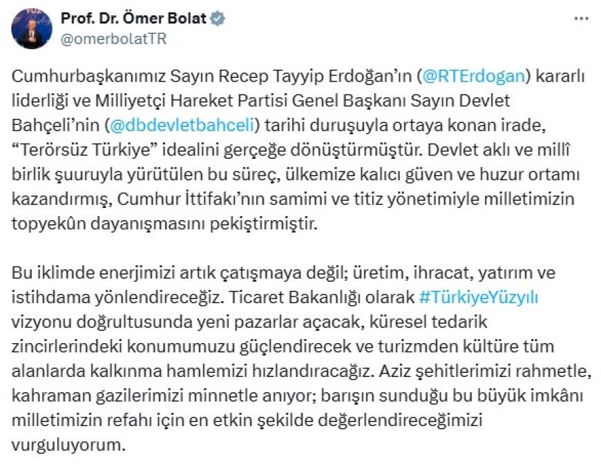 Bakan Bolat: Enerjimizi artık çatışmaya değil; üretim, ihracat, yatırım ve istihdama yönlendireceğiz