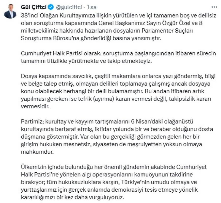 CHP’li Çiftçi’den kurultay soruşturmasına ilişkin açıklama