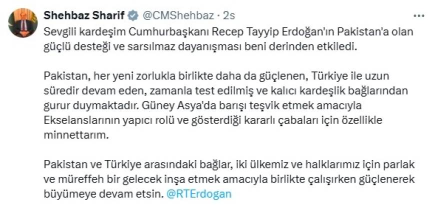 Pakistan Başbakanı Şerif: Türkiye ile devam eden kardeşlik bağlarından gurur duymaktayız