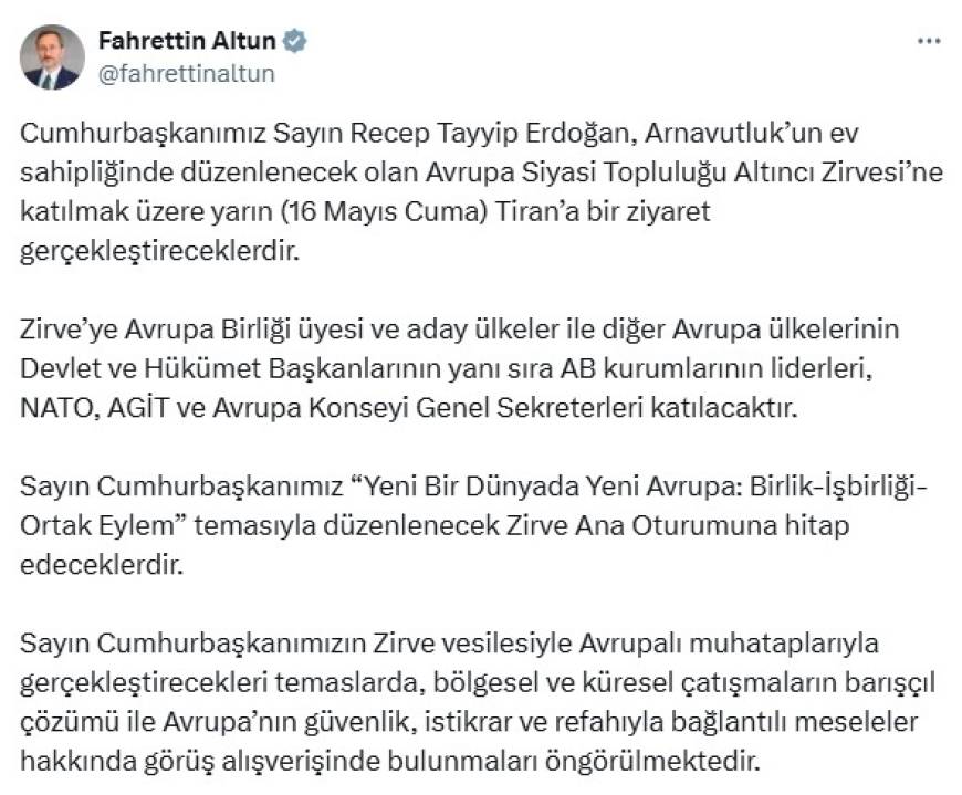 Cumhurbaşkanı Erdoğan, Arnavutluk'a ziyaret gerçekleştirecek