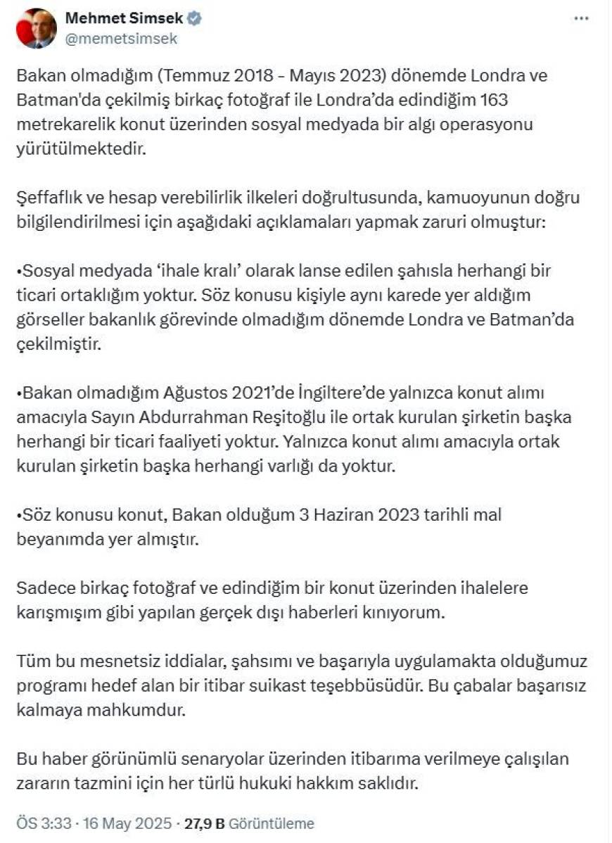 Bakan Şimşek: Hakkımdaki gerçek dışı haberleri kınıyorum