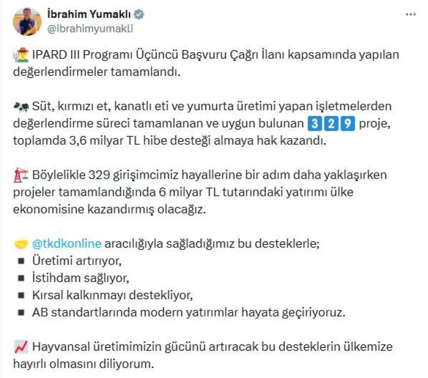 Bakan Yumaklı: 329 projeye 3,6 milyar TL hibe desteği sağlanacak