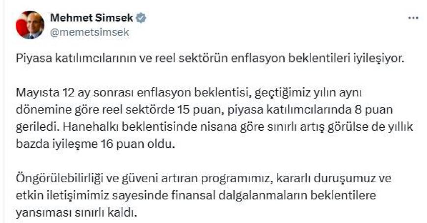 Bakan Şimşek: Reel sektörün enflasyon beklentileri iyileşiyor